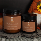 Two WickHarmony candles, 250ml and 120ml, showing 'The Cosy Sketchbook' design with the Pumpkin Spice illustration