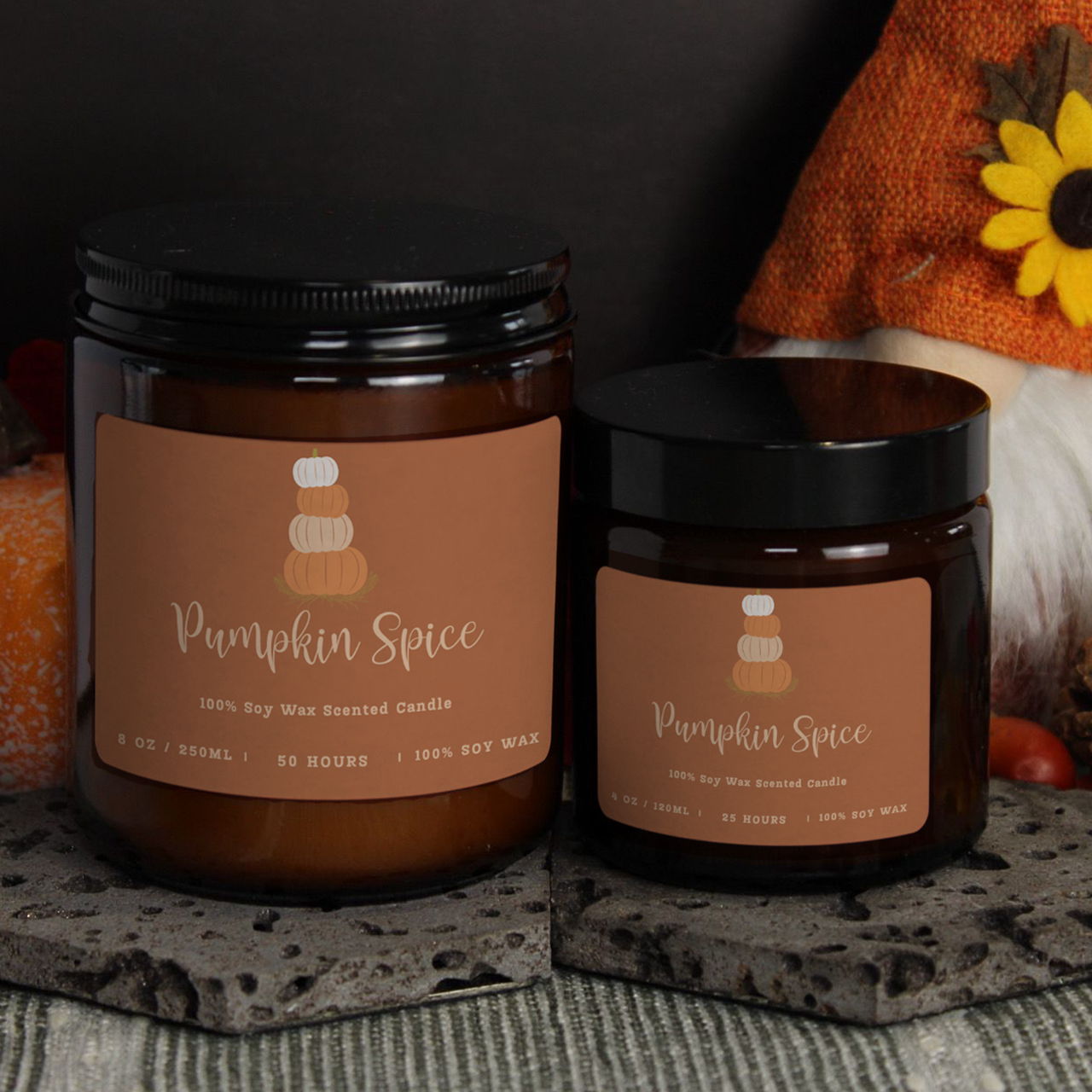 Two WickHarmony candles, 250ml and 120ml, showing 'The Cosy Sketchbook' design with the Pumpkin Spice illustration