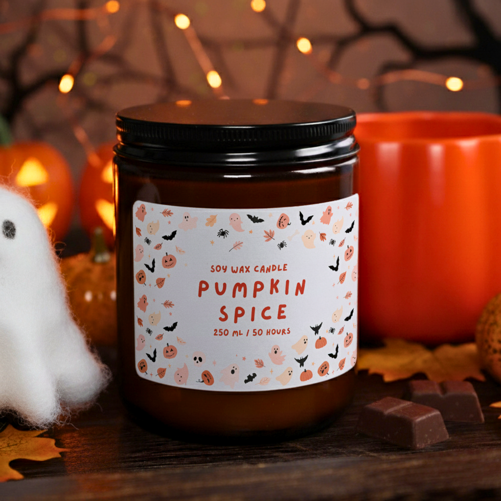 'The Halloween Party' Halloween soy candle by WickHarmony, styled with a plush ghost and a glowing jack-o'-lantern