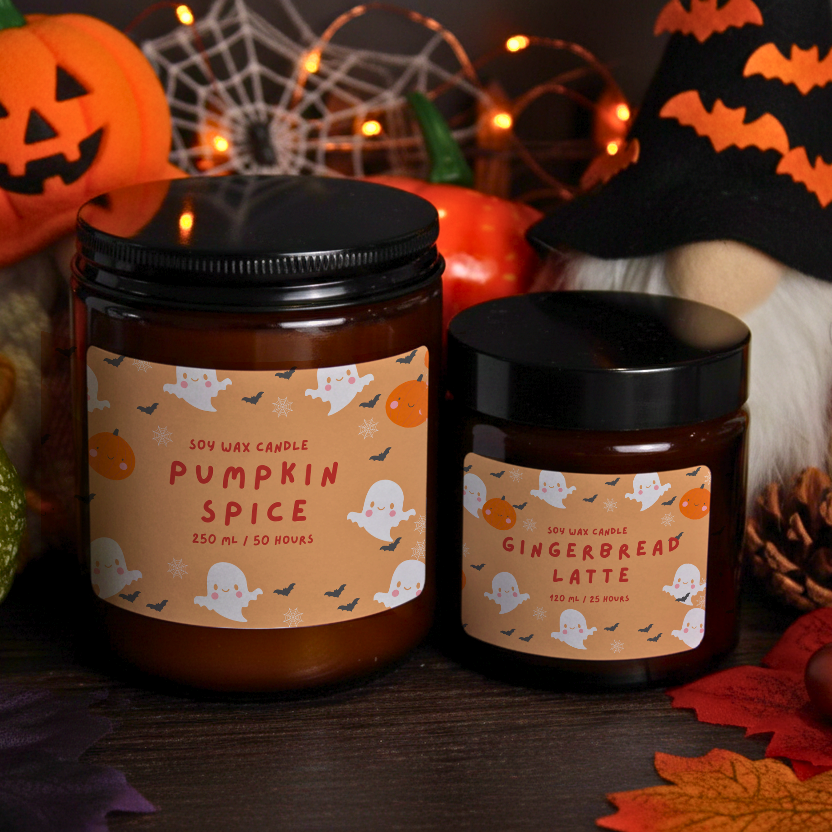 Two WickHarmony candles, a 250ml and 120ml jar, showing 'The Spooky Doodle' cute ghost design in a cosy setting with a gnome