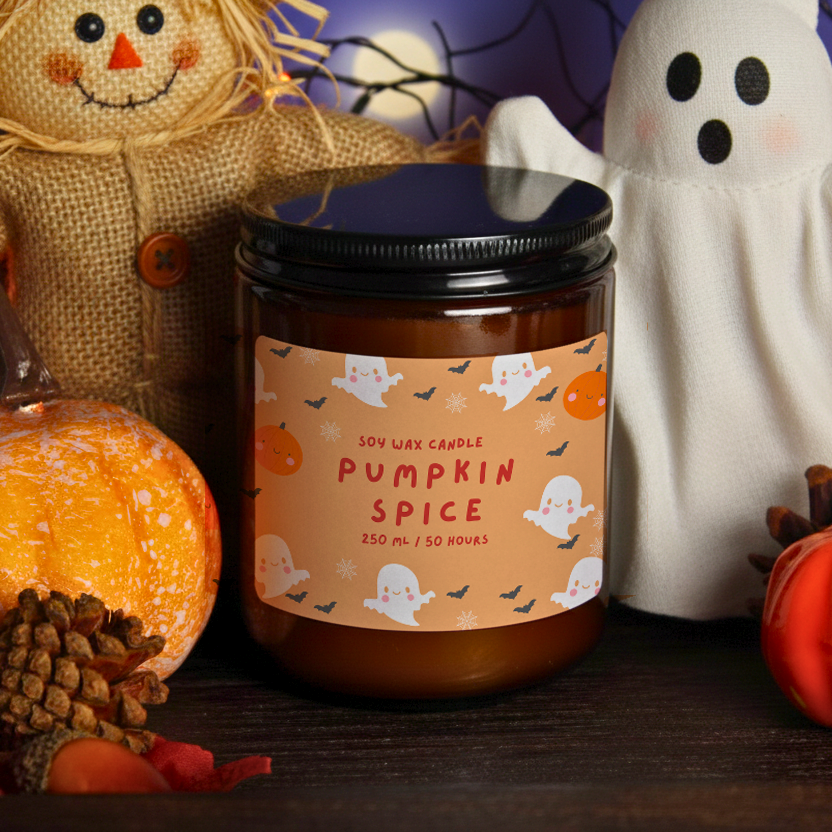 The 'Spooky Doodle' Halloween soy candle by WickHarmony, styled with a friendly scarecrow, a plush ghost, and a mini pumpkin