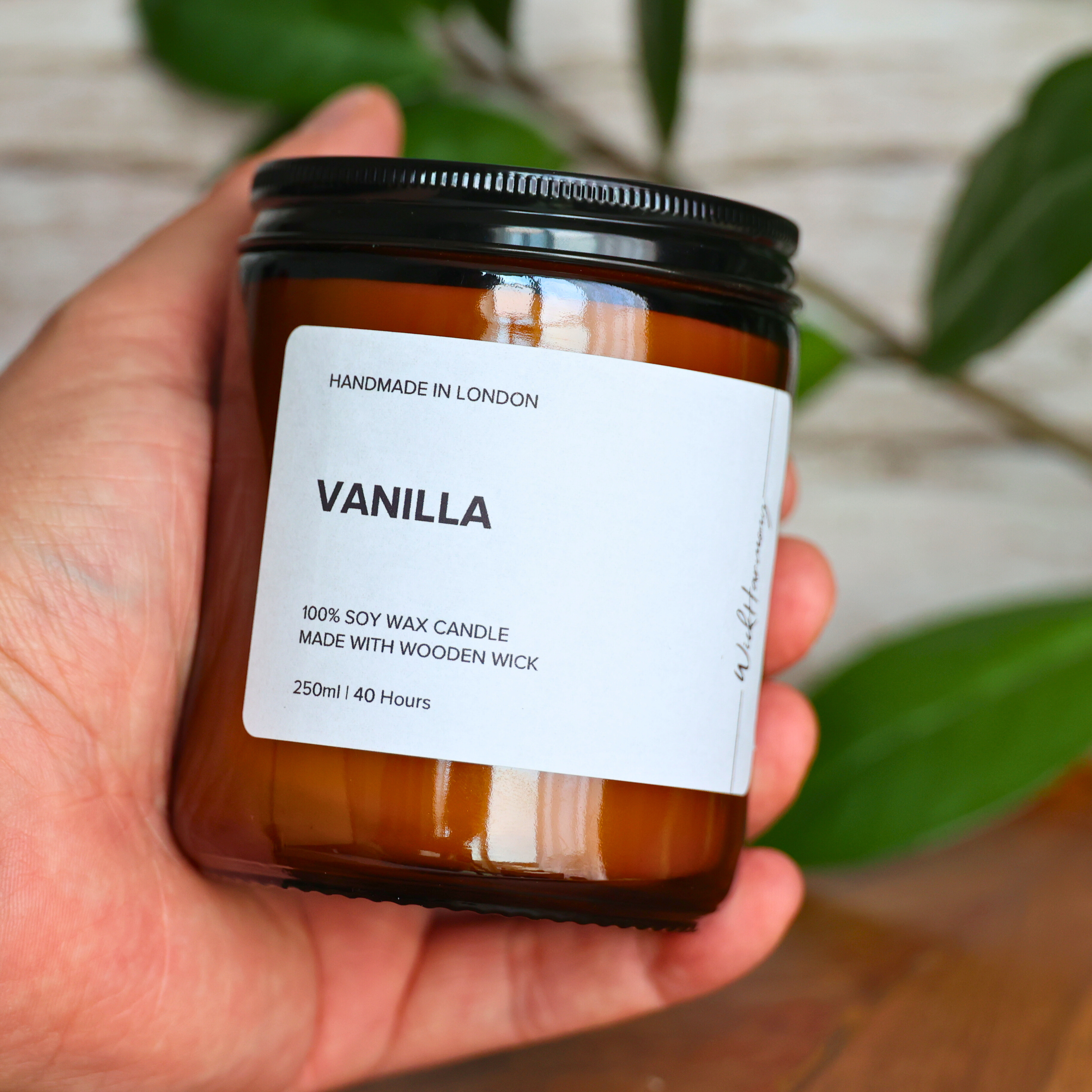 A hand holding the 250ml amber jar 'Vanilla' soy wax candle to show its size, with a soft-focus plant in the background.