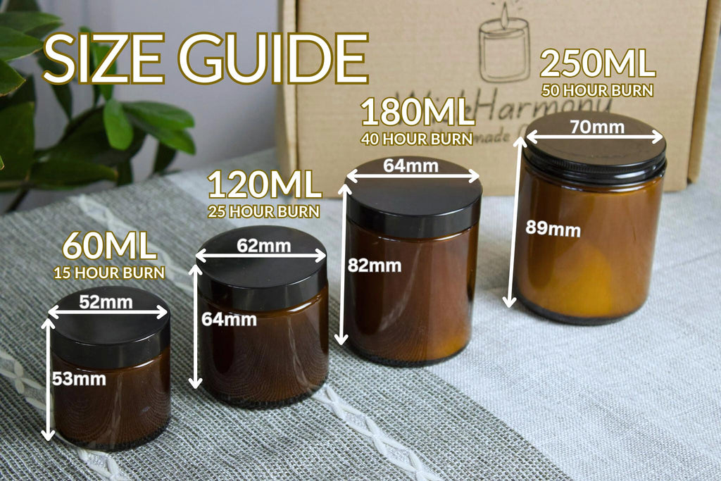 Size guide for WickHarmony handmade soy candles, showing 60ml, 120ml, 180ml, and 250ml amber jars with their dimensions and burn times