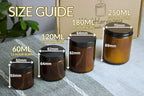 Size guide for WickHarmony handmade soy candles, showing 60ml, 120ml, 180ml, and 250ml amber jars with their dimensions and burn times