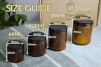 Size guide for WickHarmony handmade soy candles, showing 60ml, 120ml, 180ml, and 250ml amber jars with their dimensions and burn times.