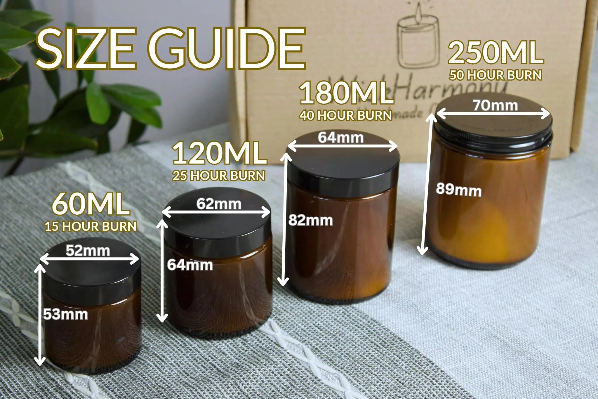 Size guide for WickHarmony handmade soy candles, showing 60ml, 120ml, 180ml, and 250ml amber jars with their dimensions and burn times.
