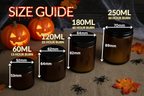 Halloween-themed size guide for WickHarmony handmade soy candles, showing 60ml, 120ml, 180ml, and 250ml jars with jack-o'-lanterns