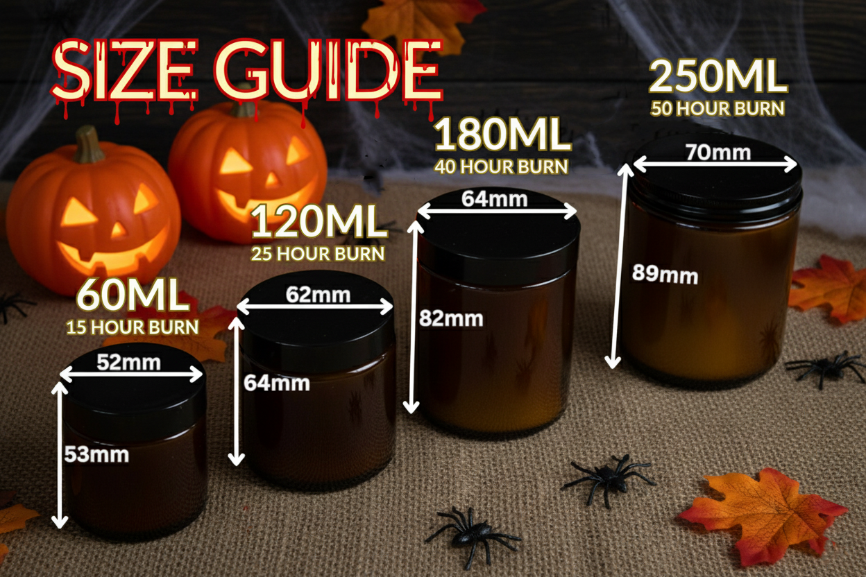 Halloween-themed size guide for WickHarmony handmade soy candles, showing 60ml, 120ml, 180ml, and 250ml jars with jack-o'-lanterns