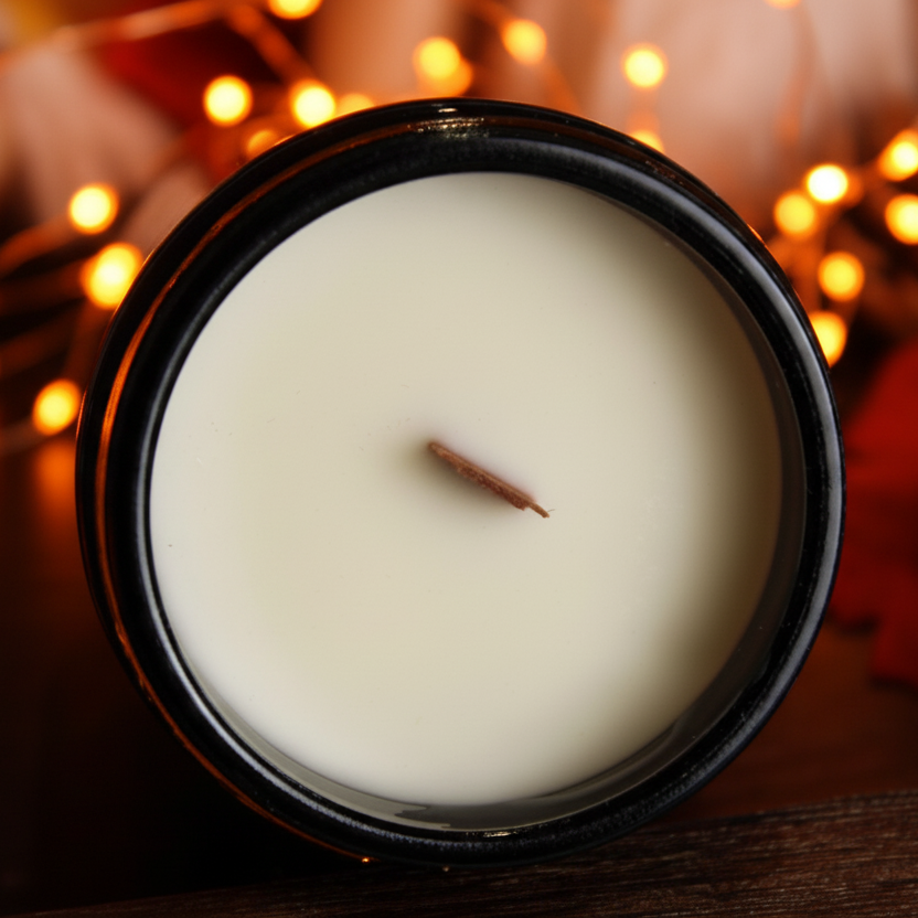 Top-down view of a WickHarmony soy wax candle, showing the natural wooden wick with warm, cosy autumn fairy lights in the background